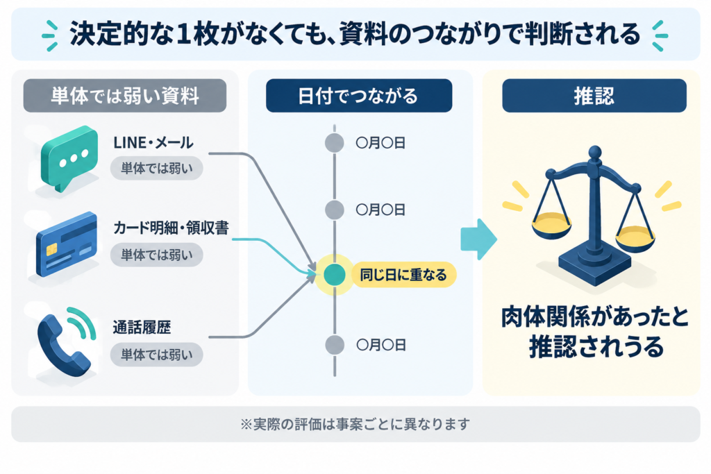 決定的な1枚がなくても、資料のつながりで肉体関係が推認される仕組み