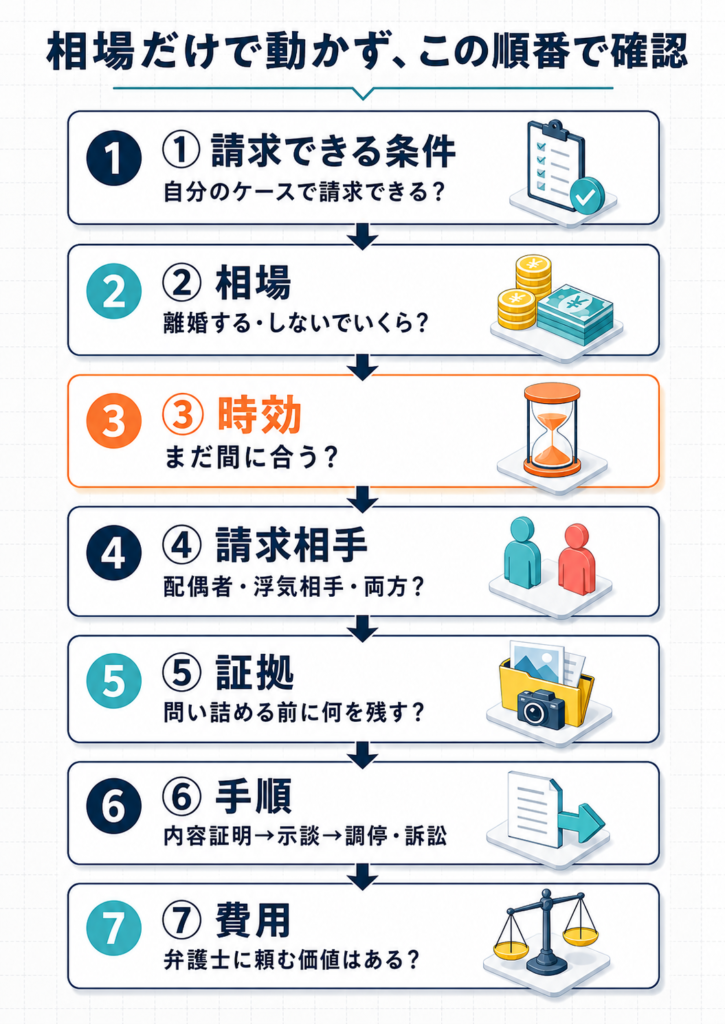 浮気の慰謝料を請求する前に確認する7つの順番（条件・相場・時効・相手・証拠・手順・費用）