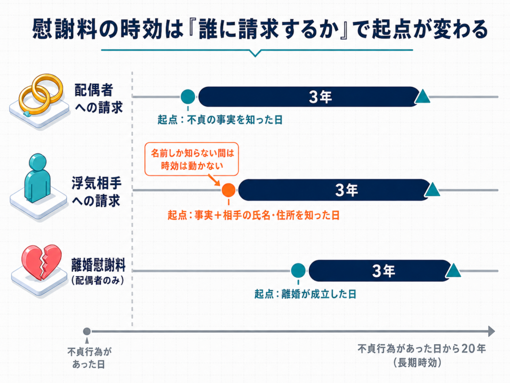 慰謝料の時効は誰に請求するかで起算点が変わる（配偶者・浮気相手・離婚慰謝料）