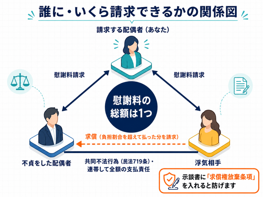 誰にいくら請求できるかの関係図（慰謝料の総額は1つ・求償権）