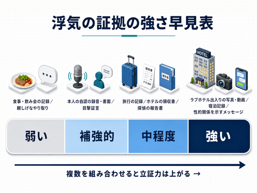 浮気の証拠の強さ早見表