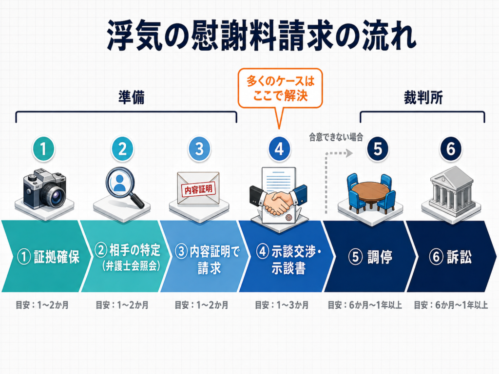 浮気の慰謝料請求の流れ（証拠確保から調停・訴訟まで）