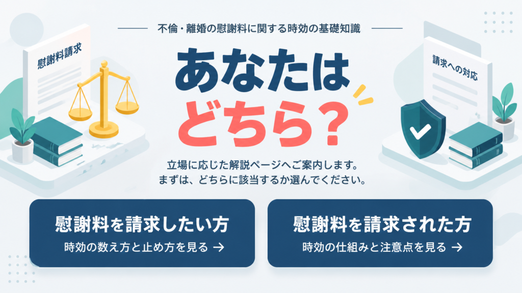 立場に応じた解説ページの案内（慰謝料を請求したい方・請求された方）