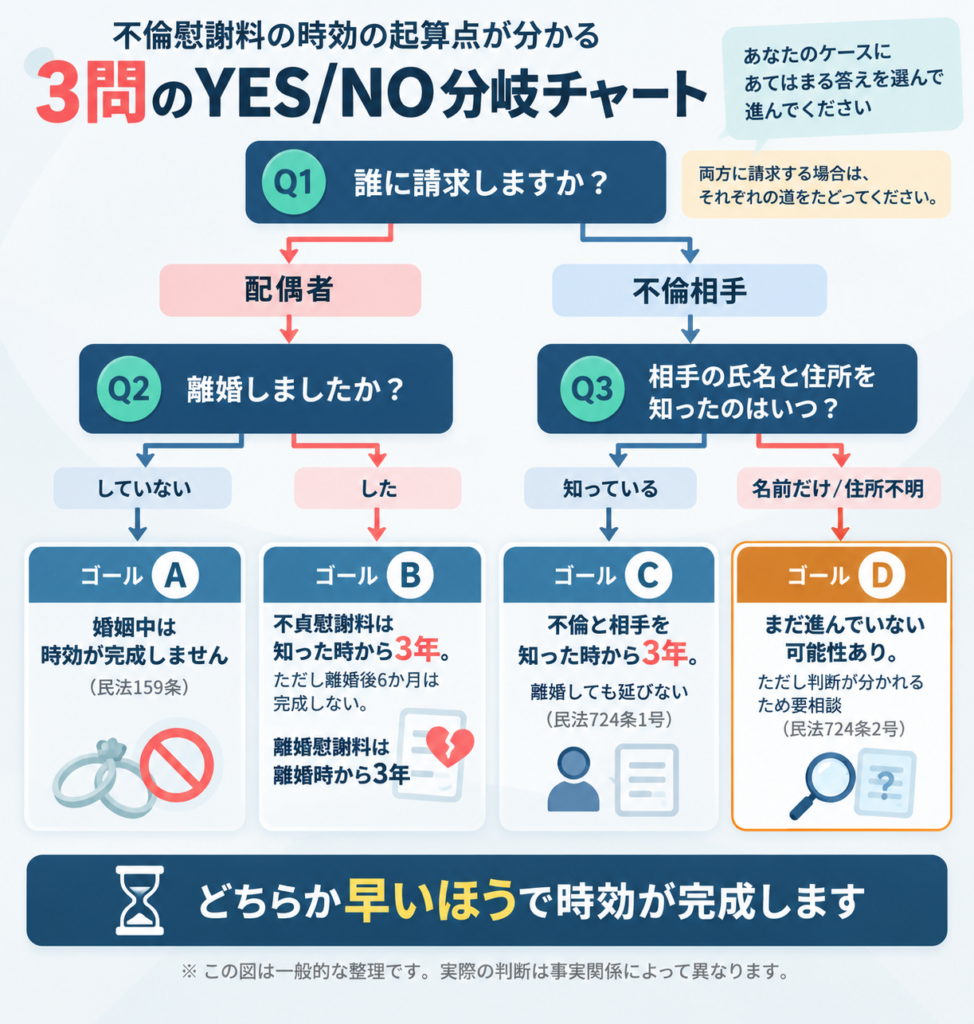 不倫慰謝料の時効の起算点が分かる3問のYES/NO分岐チャート