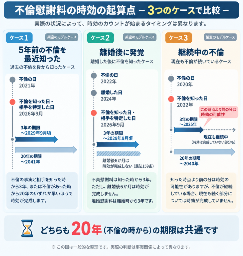 不倫慰謝料の時効の起算点を3つのケースで比較