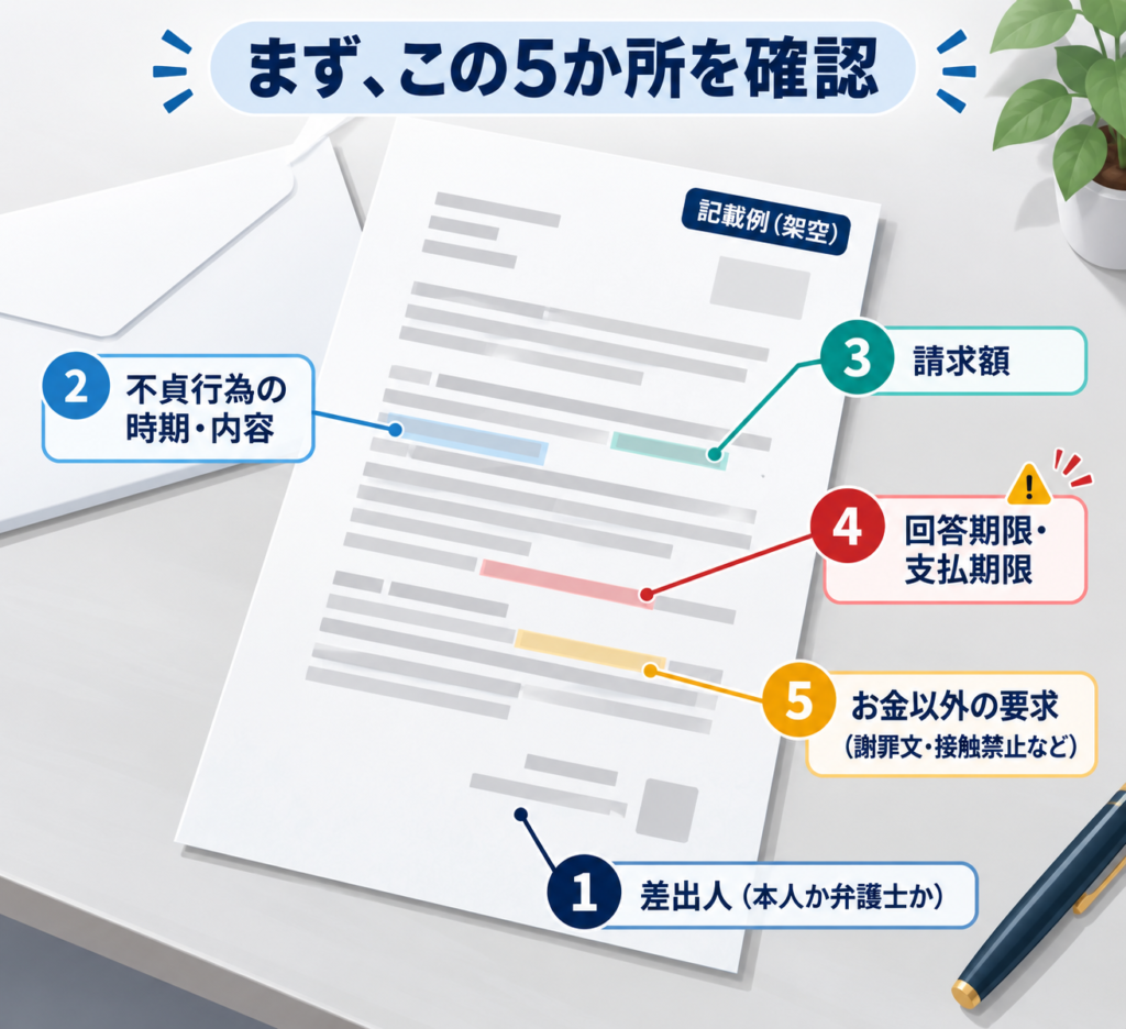 慰謝料請求の書面で確認する5か所（差出人・不貞行為の時期と内容・請求額・回答期限と支払期限・お金以外の要求）
