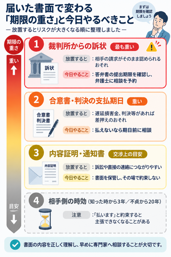 届いた書面で変わる期限の重さと今日やるべきこと（訴状・合意書や判決の支払期日・内容証明・相手側の時効）