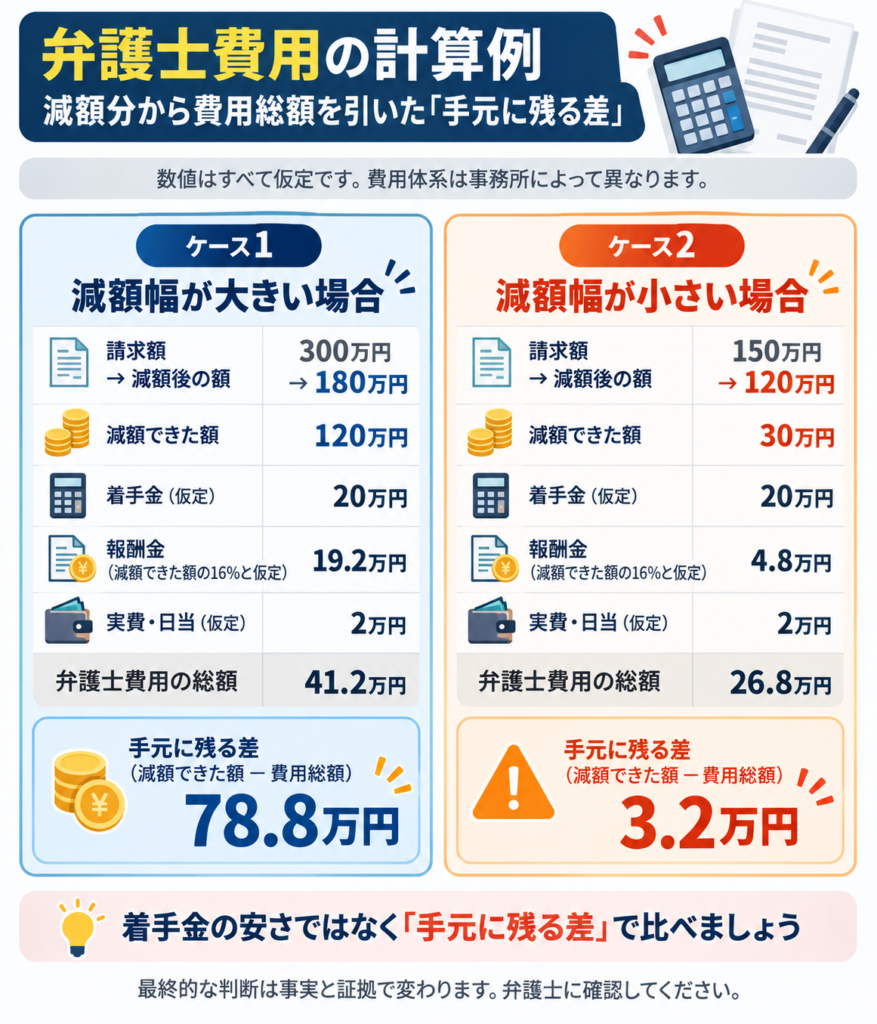 弁護士費用の計算例：減額分から費用総額を引いた手元に残る差